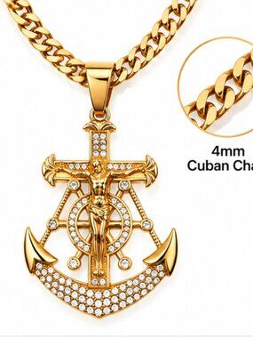 316L Stainless Steel Anchor Jesus Pendant Chain PVD Gold Plated 24" 4mm